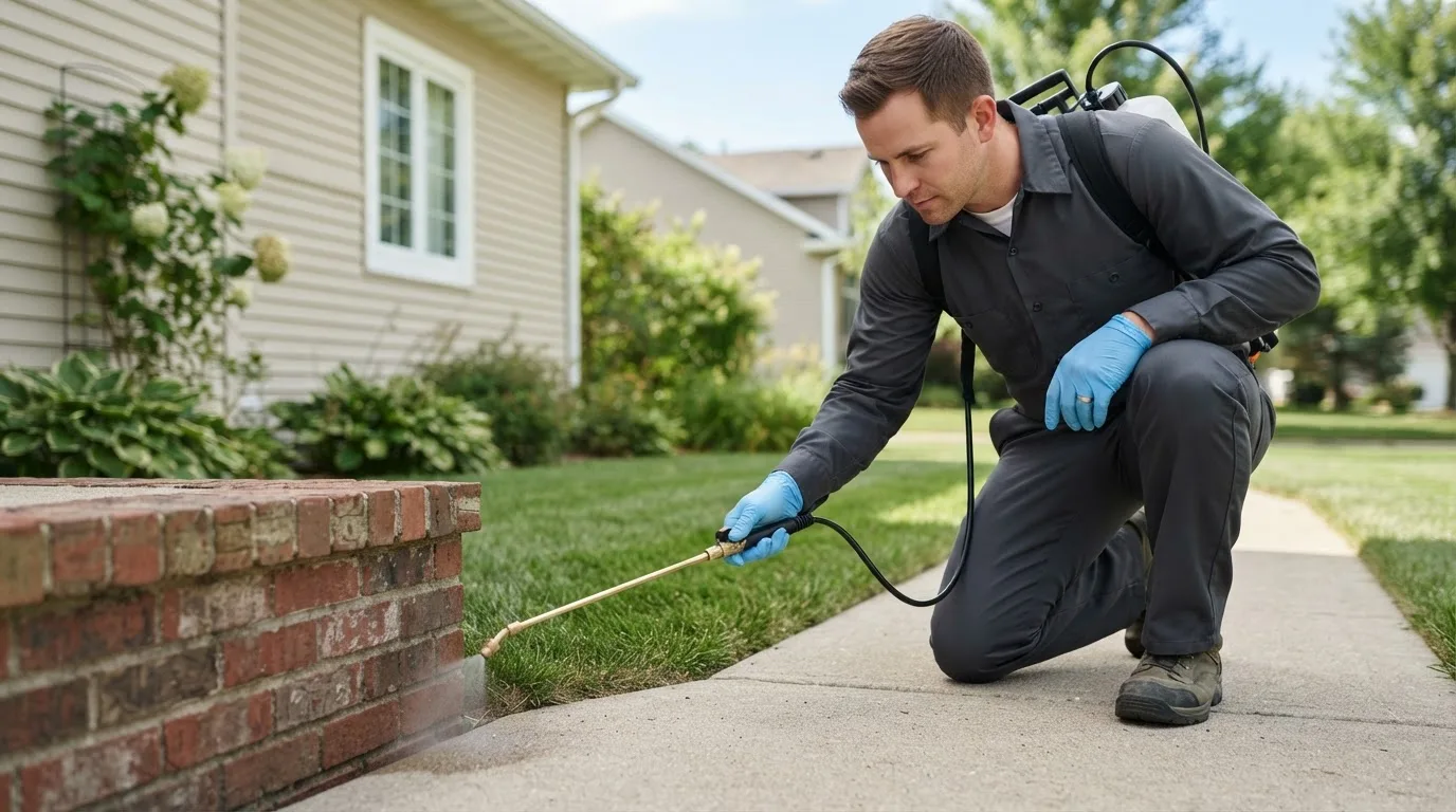 Pest control technician treating a home near Randall, MN